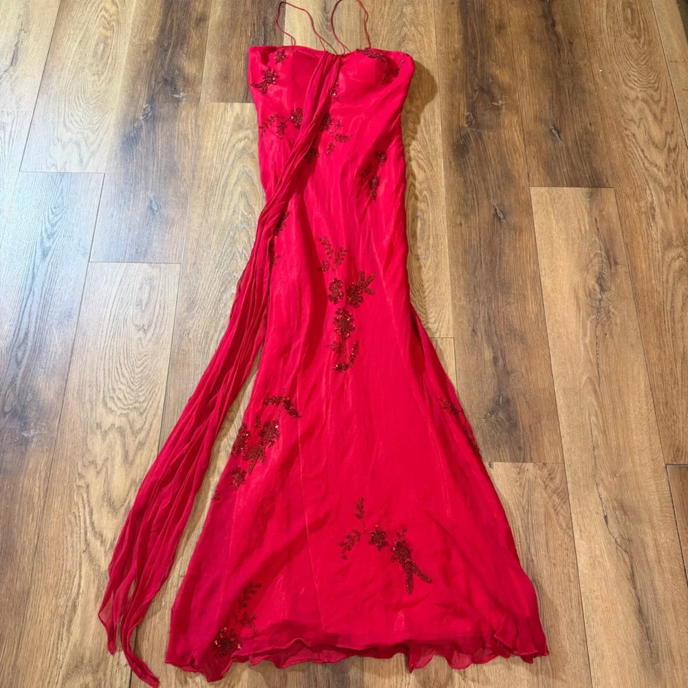 Vintage Y2K 100% Silk Beaded Dress Vintage Beaded Dress Red Fairy Prom Silk Gown - Picture 4 of 16